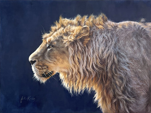 Jules Kesby, wildlife artist, lion profile, oil on linen